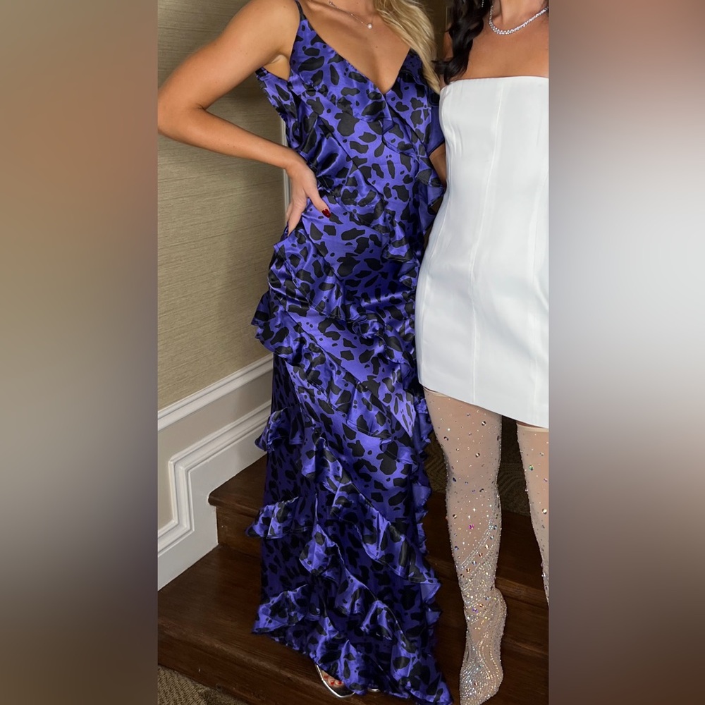 Ofuure Purple and Black Animal Print Ruffled Maxi Dress Xs